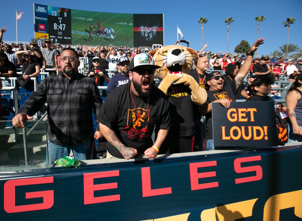 Fans cheer on the Los Angeles Wildcats during their home debut against the Dallas Renegades at Dignity Health Sports Park on Sunday.