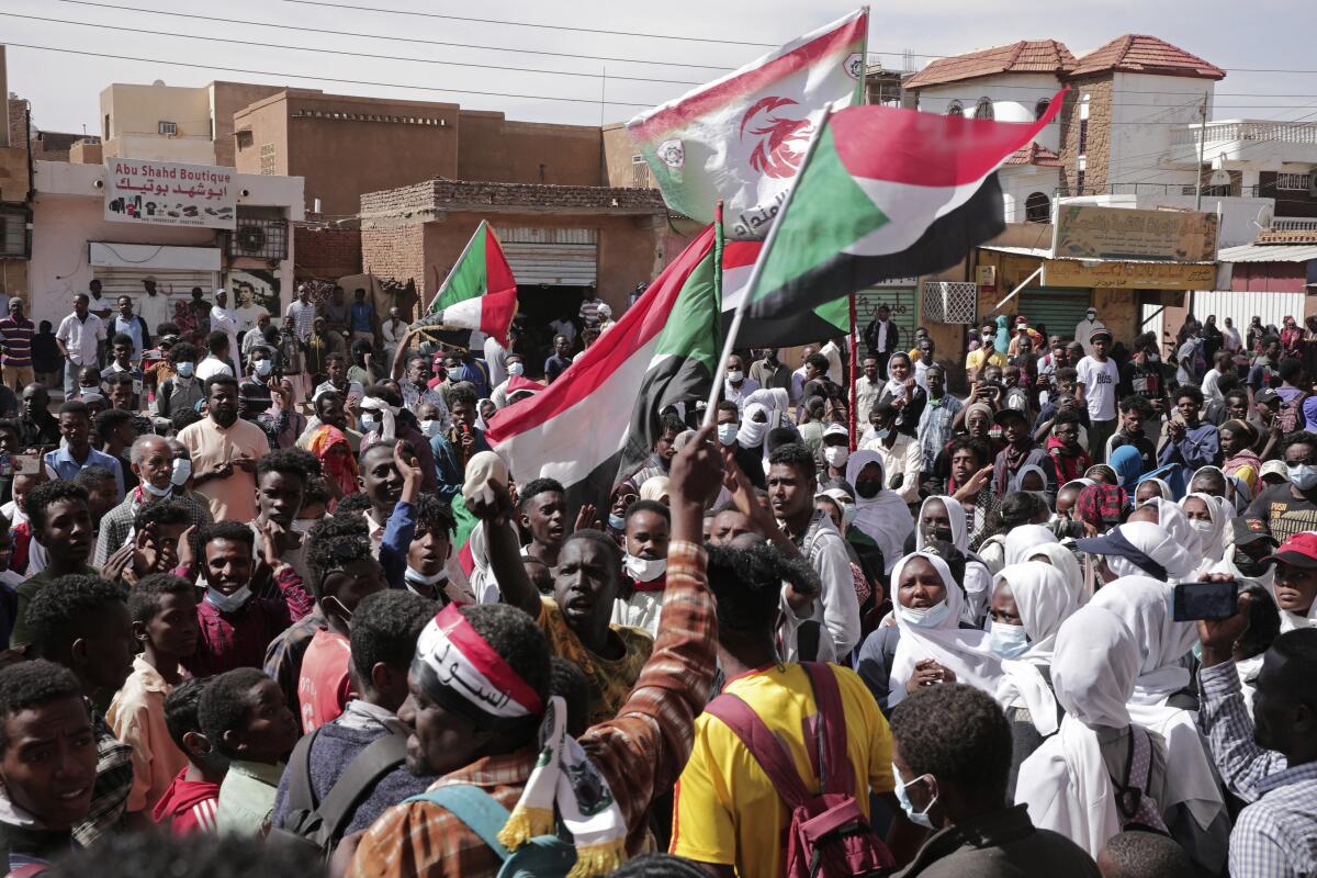 People chant slogans and wave flags during a protest