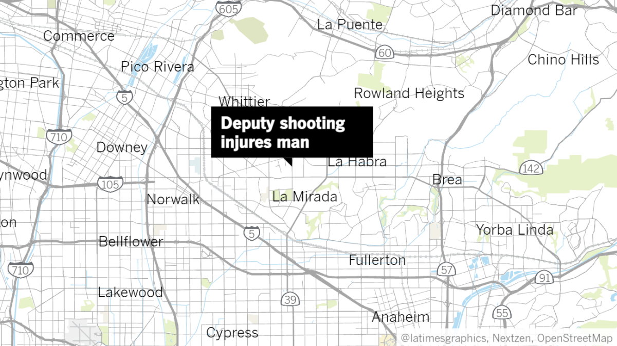 Map of eastern L.A. County area with label pointing to site of deputy shooting in Whittier