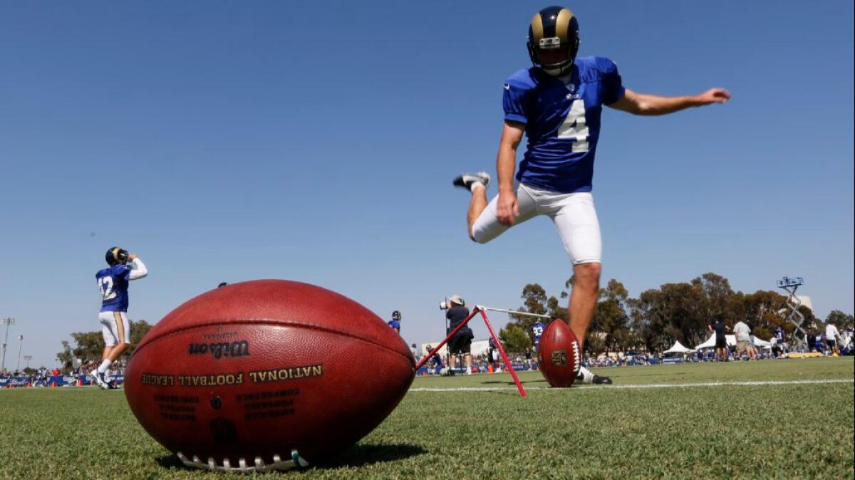 Rams kicker Greg Zuerlein works on his technique during a training camp practice on Aug. 2.
