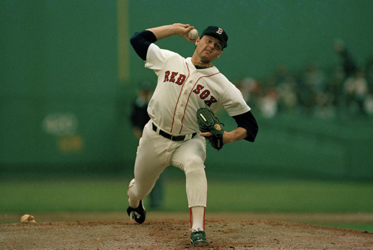 Roger Clemens pitches for the Boston Red Sox in 1986.