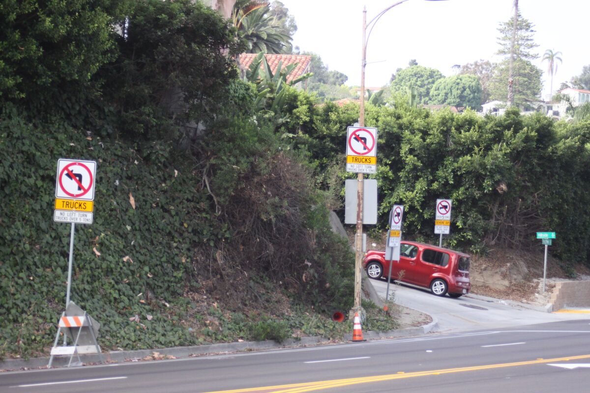 The City reviews and attempts to mediate the proliferation of ‘stuck trucks’ on Torrey Pines Road turning onto Hillside Drive by adding several warning ‘no trucks’ signs with flashing lights.