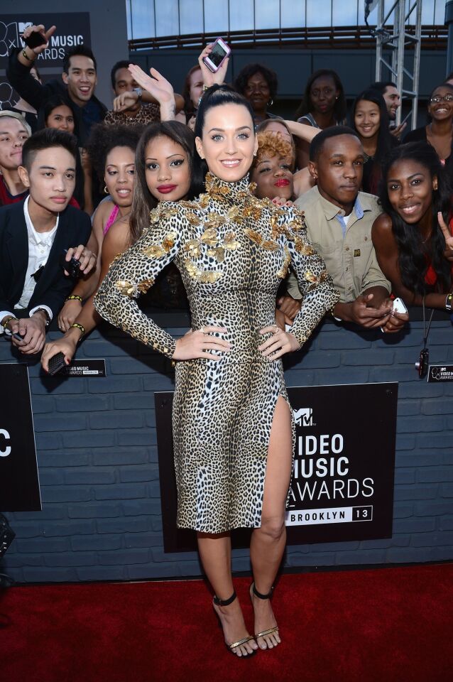 Singer Katy Perry poses in front of fans at the 2013 MTV Video Music Awards at the Barclays Center in Brooklyn.