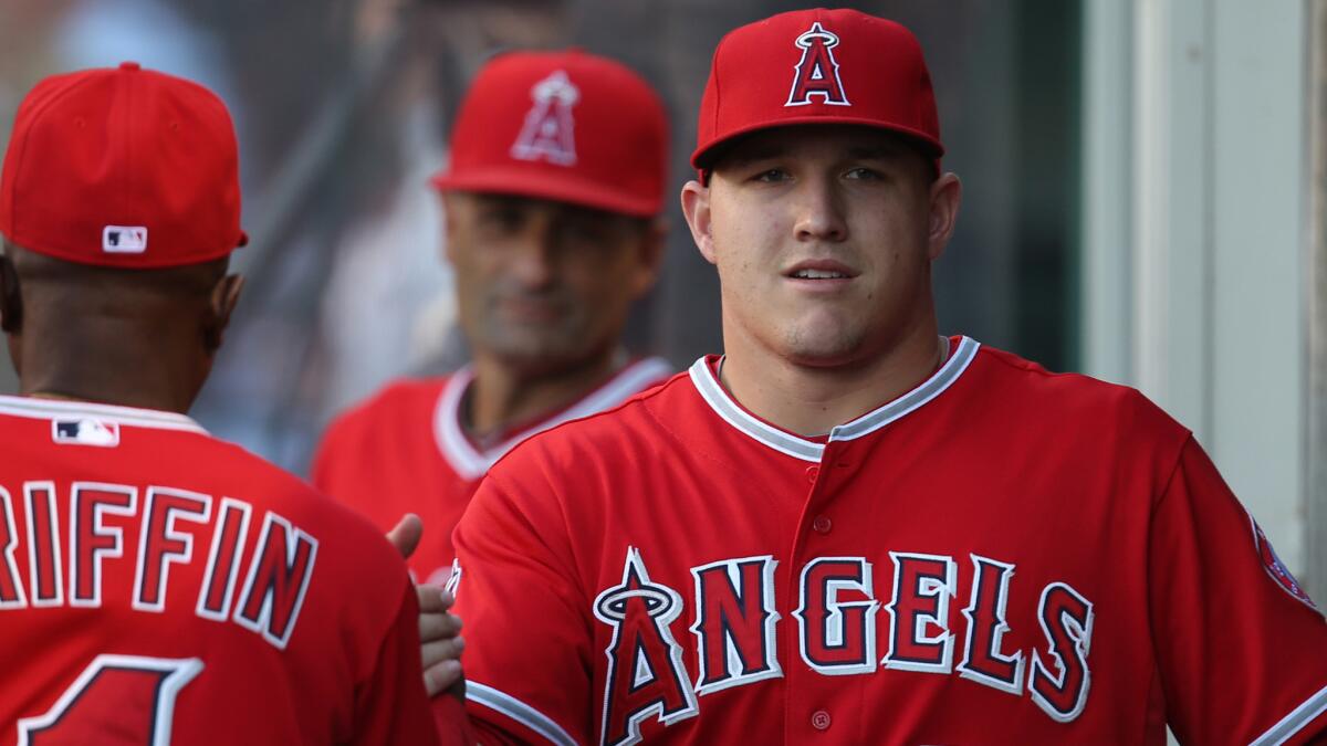 Angels center fielder Mike Trout prepares to take the field before a game against the Minnesota Twins on June 24. Trout has been elected as an American League starter for the MLB All-Star game.