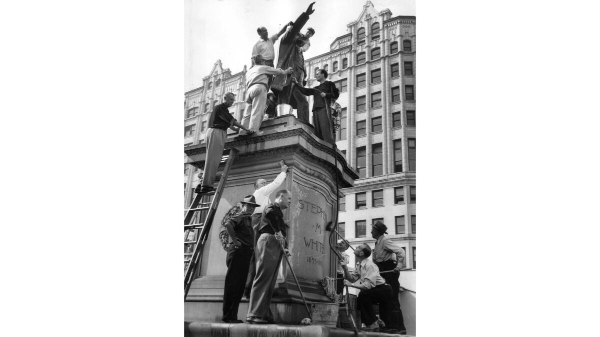 Sept. 23, 1950: Statue of Sen. Stephen M. White is cleaned by members of the Native Sons of the Golden West. This photo appeared in the Sept. 24, 1950, Los Angeles Times.