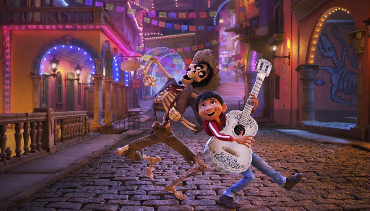 The characters of Hector, voiced by Gael Garcia Bernal, left, and Miguel, voiced by Anthony Gonzalez, in a scene from the animated film "Coco."