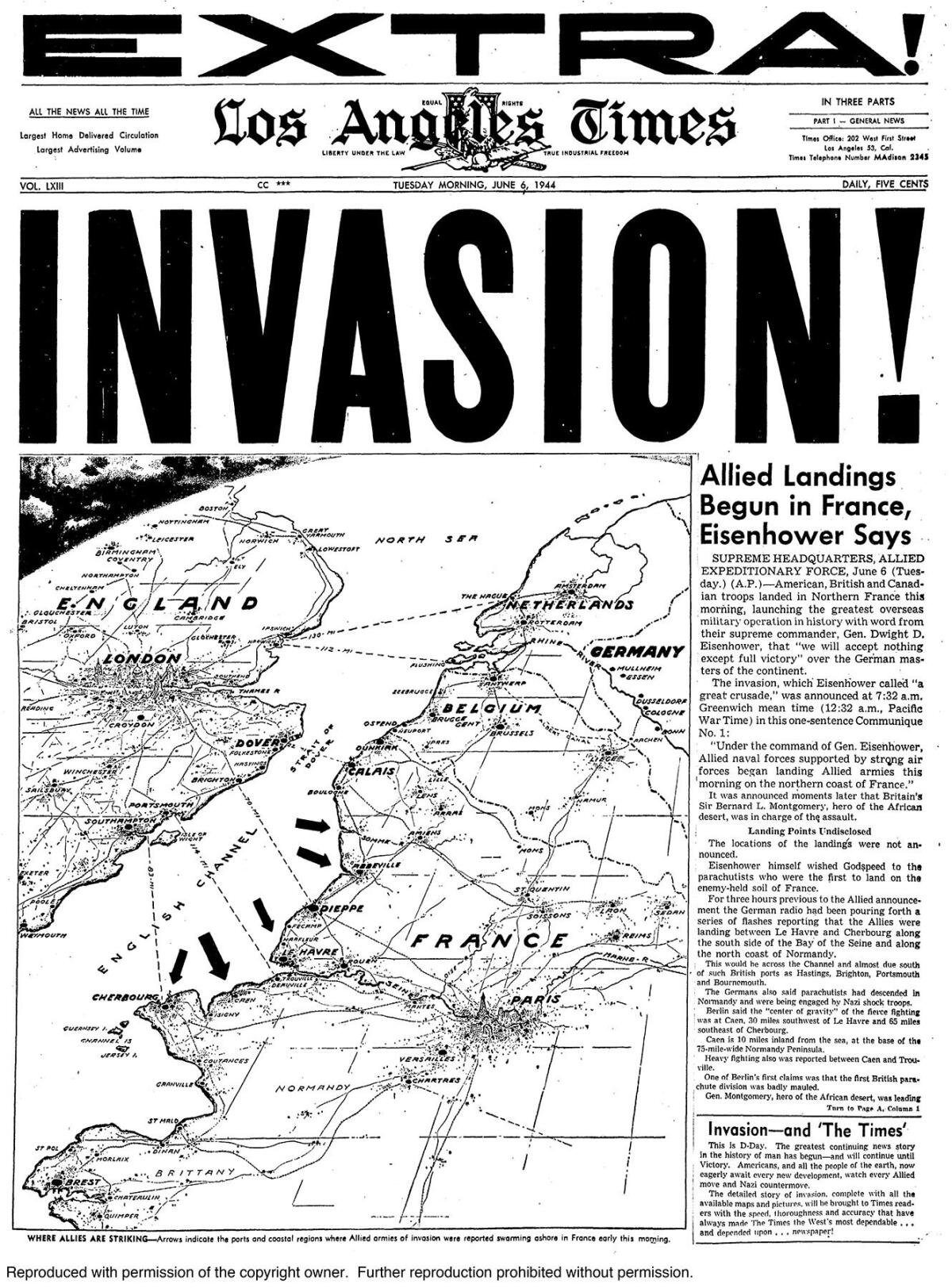 June 6, 1944: A special edition of the Los Angeles Times announces the invsion of France.
