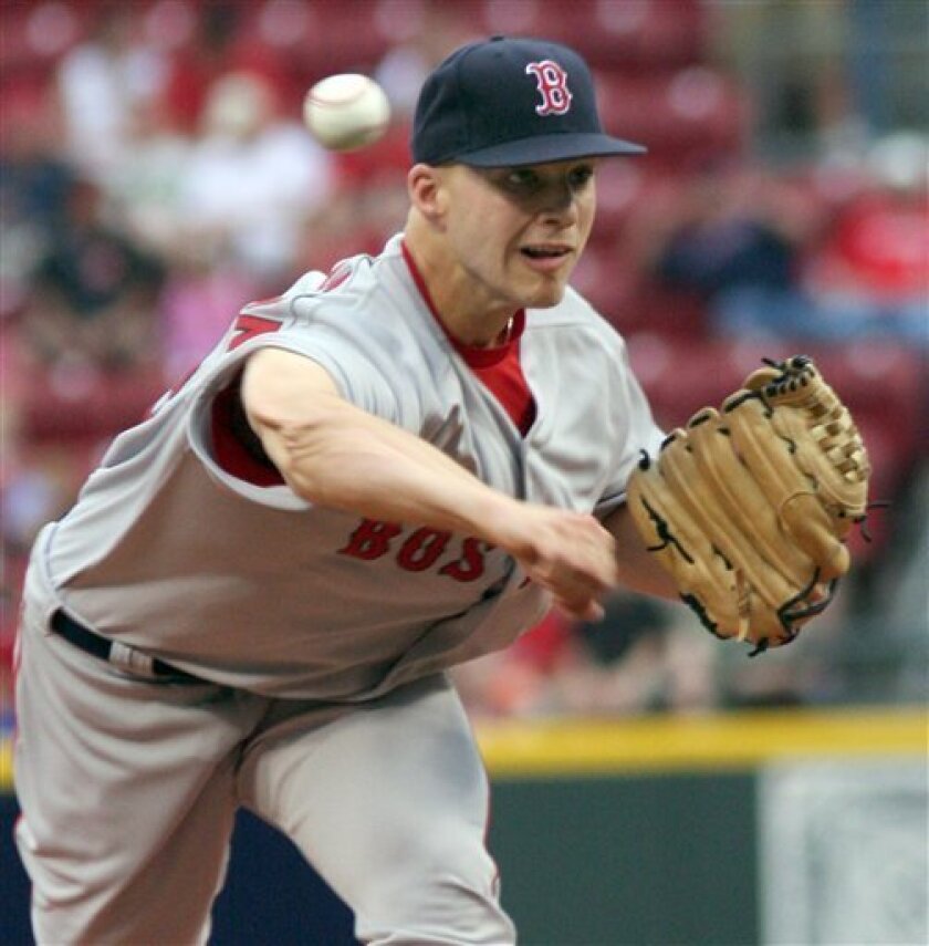 Boston Red Sox starter Justin Masterson pitches against the Cincinnati Reds in the first inning of a baseball game Friday, June 13, 2008, in Cincinnati. (AP Photo/ Tom Uhlman)