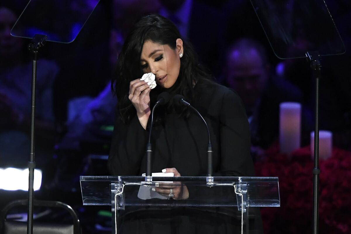 LOS ANGELES, CALIFORNIA - FEBRUARY 24: Vanessa Bryant speaks during The Celebration of Life for Kobe & Gianna Bryant at Staples Center on February 24, 2020 in Los Angeles, California. (Photo by Kevork Djansezian/Getty Images) ** OUTS - ELSENT, FPG, CM - OUTS * NM, PH, VA if sourced by CT, LA or MoD **
