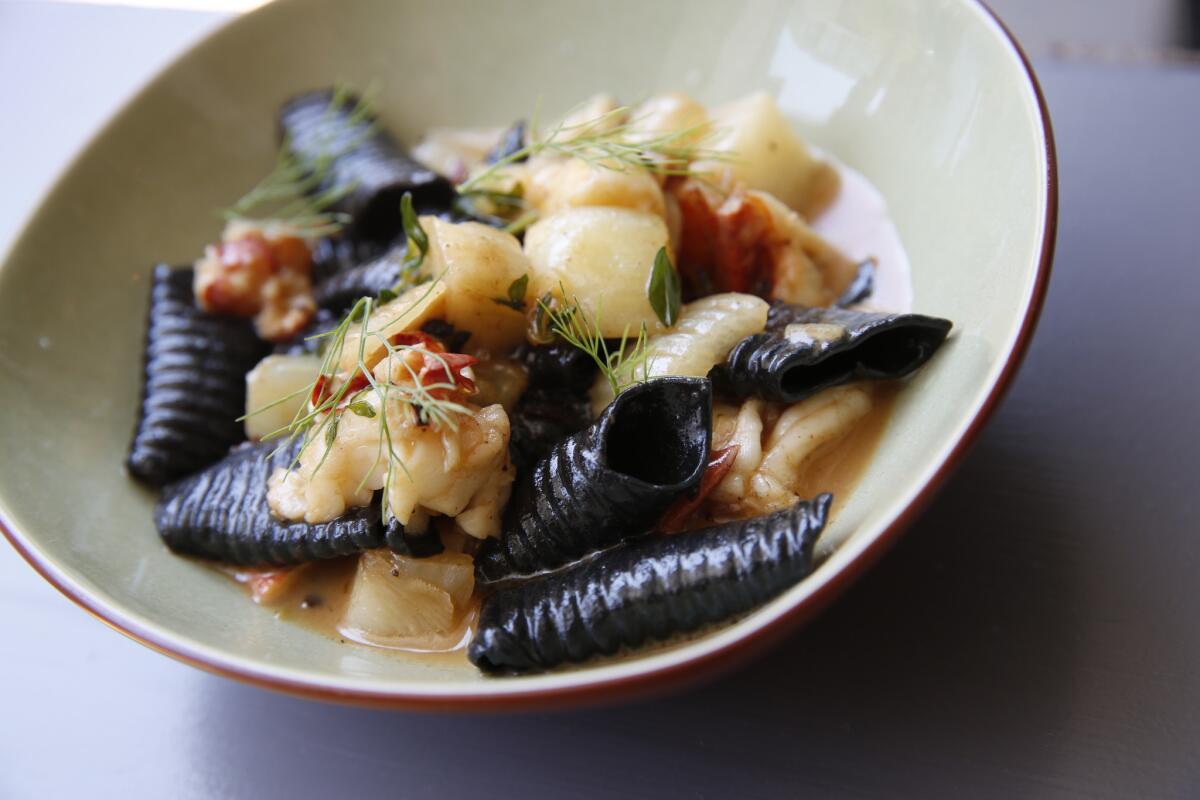 Squid-ink garganelli, with lobster, fennel, meyer lemon and truffle butter. The garganelli is like deconstructed penne.