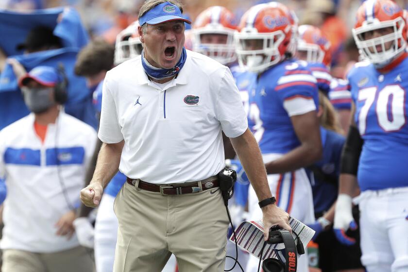 Florida coach Dan Mullen yells at an official during a game against South Carolina in Gainesville, Fla. on Oct. 3, 2020.