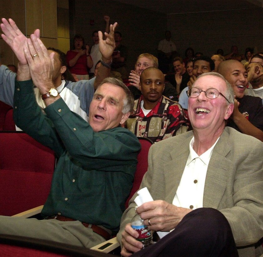 Rick Bay, then SDSU's athletic director, and coach Steve Fisher celebrate announcement in 2002 that Aztecs were headed to NCAA Tournament for the first time since 1985.