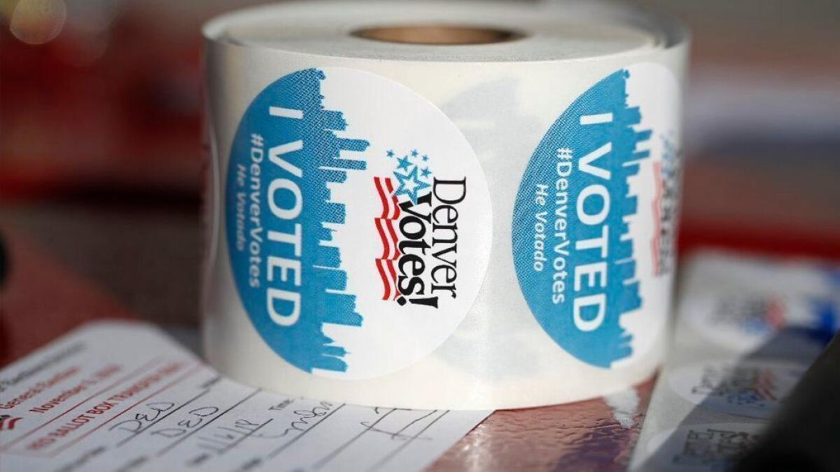 A roll of "I voted" stickers at a Denver polling station on Nov. 6, 2018.