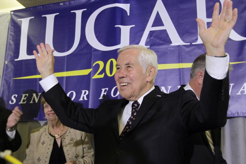 FILE - In a May 8, 2012 file photo, Sen. Richard Lugar reacts after giving a speech, in Indianapolis. Former Indiana Sen. Richard Lugar, a Republican foreign policy sage known for leading efforts to help the former Soviet states dismantle and secure much of their nuclear arsenal, died Sunday, April 28, 2019 at the Inova Fairfax Heart and Vascular Institute in Virginia. He was 87. (AP Photo/Darron Cummings, File)