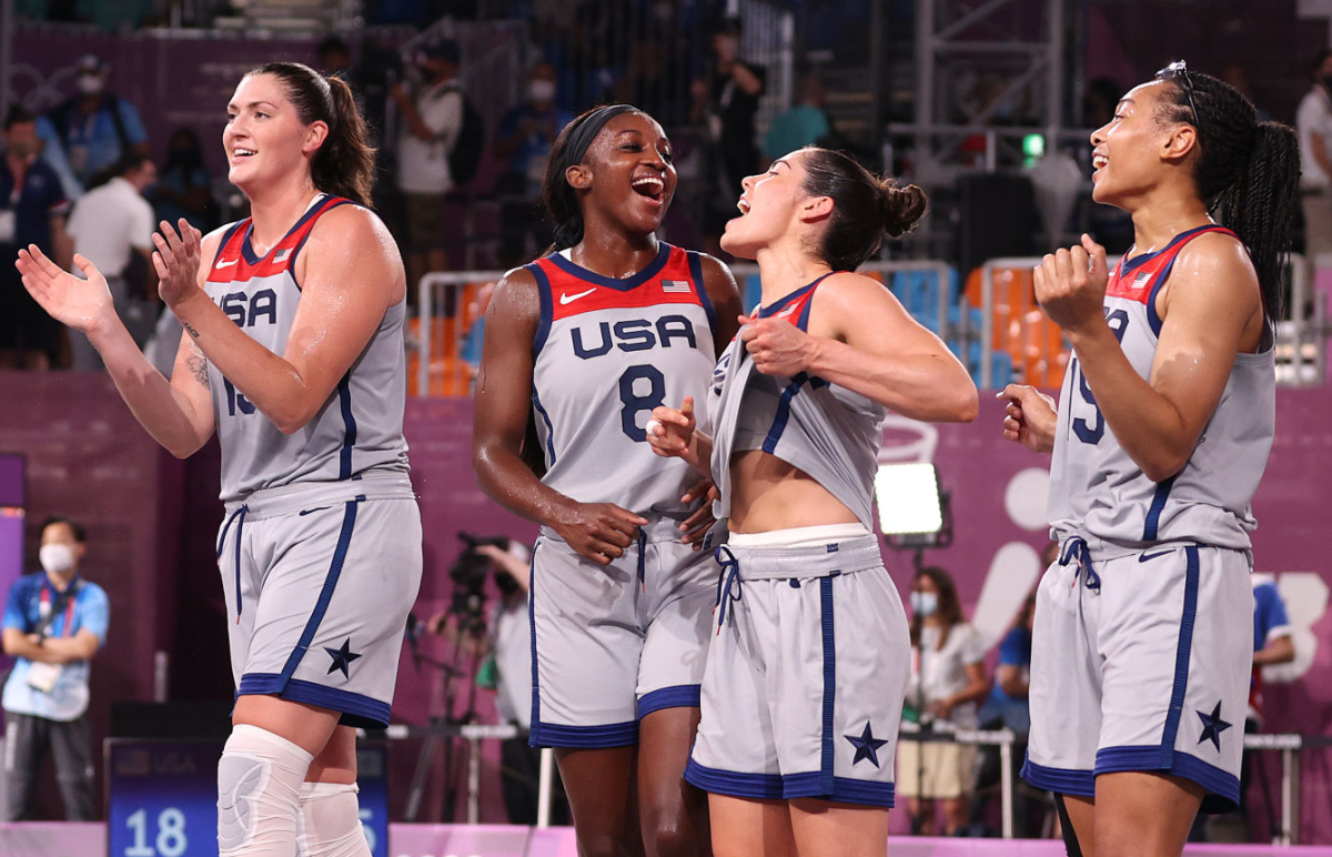 Stefanie Dolson, Jacquelyn Young, Kelsey Plum and Allisha Gray of the U.S. celebrate after winning the gold medal