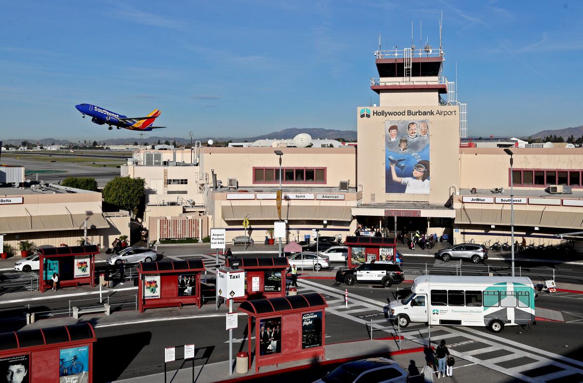 A Southwest airplane takes off from Hollywood Burbank Airport