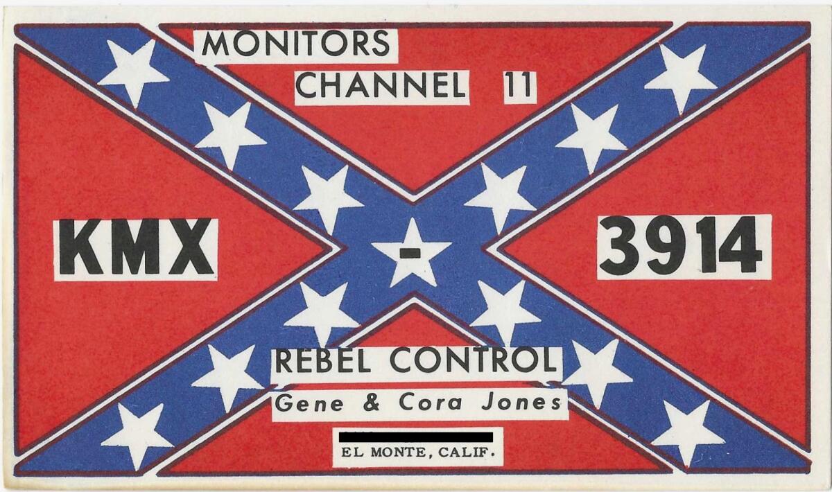 Confederate battle flag is the motif for an El Monte ham radio operator's card