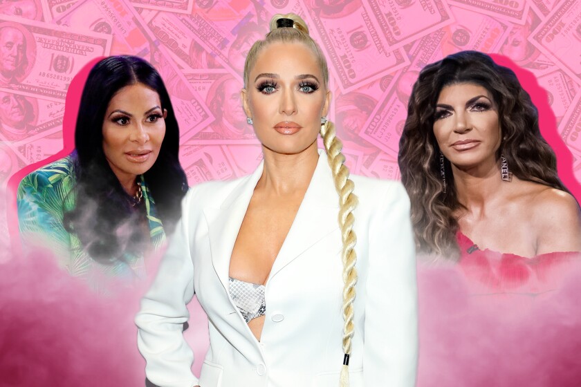 Three women in expensive clothes and heavy makeup are pictured against a pink background with $100 bills.