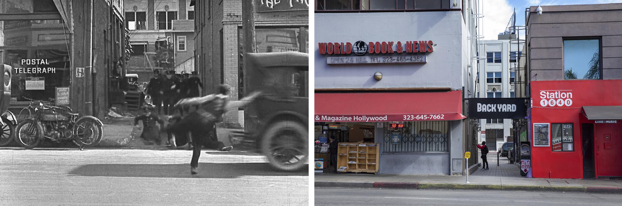 Diptych of Buster Keaton grabbing a passing car with one hand, and a bookstore and nightclub on either side of an alley