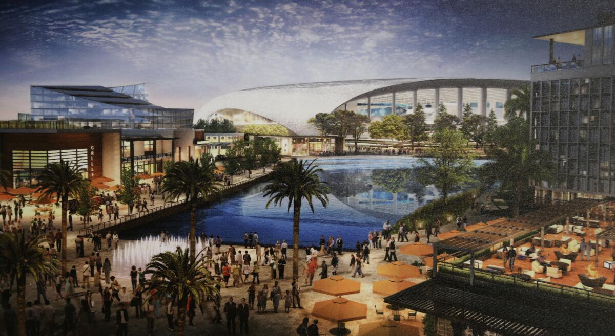 A rendering of the plans to develop the site at the former Hollywood Park in Inglewood as a sports, retail and entertainment venue that will include an NFL stadium.