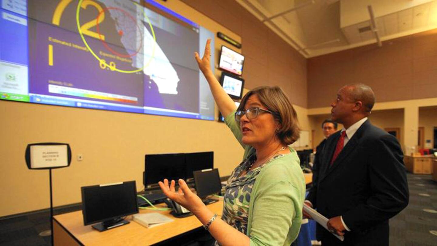 Dr. Lucy Jonesdiscusses California's earthquake early-warning system in April. Sheis recognized across Southern California for her ability to explain earthquakes to the general public.