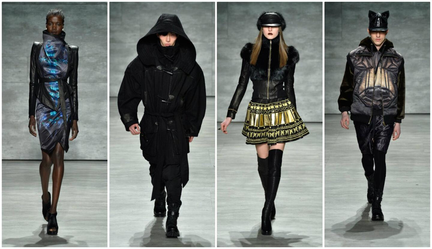 Looks from the Skingraft fall and winter 2014 men's and women's runway collection presented during New York Fashion Week.