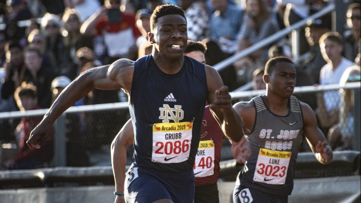 Notre Dame's Christian Grubb races to a win in the 100 meters at the Arcadia Invitational on April 6.