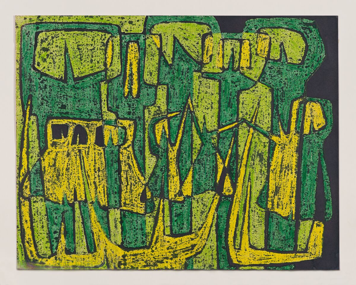 A green and yellow crayon-and-ink abstraction by Luchita Hurtado from circa 1950