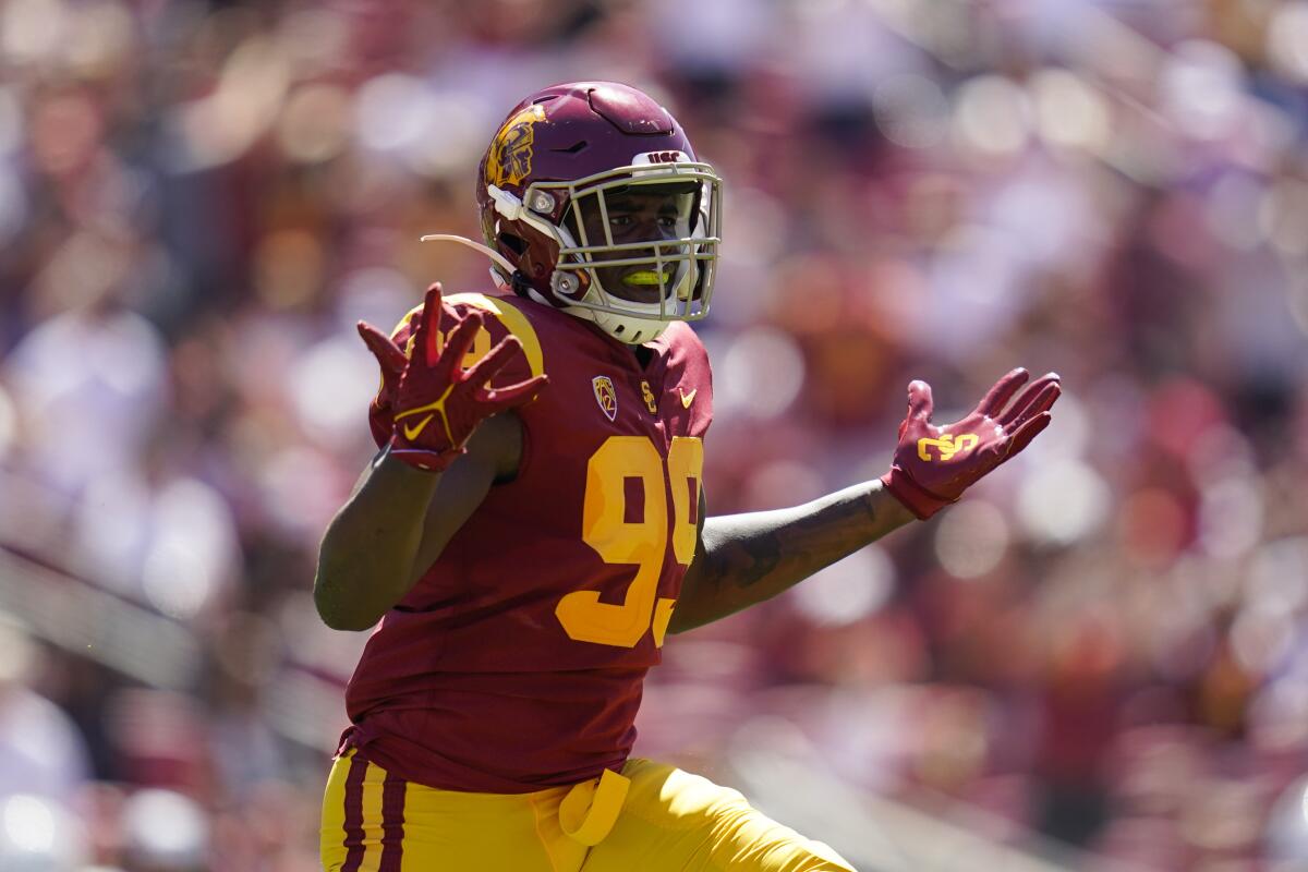 USC linebacker Drake Jackson celebrates after intercepting a pass against San Jose State on Sept. 4