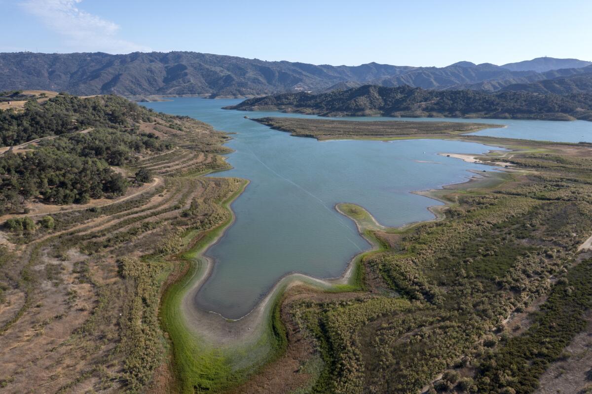 An aerial view of Lake Casitas near Ojai in Ventura County shows a receding waterline on June 22.