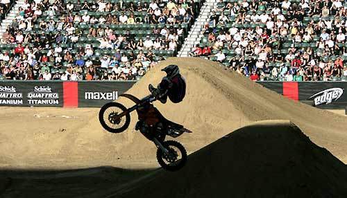 Ronnie Renner shows off his skills in the Moto X Freestyle elimination round during the X Games at the Home Depot Center in Carson.
