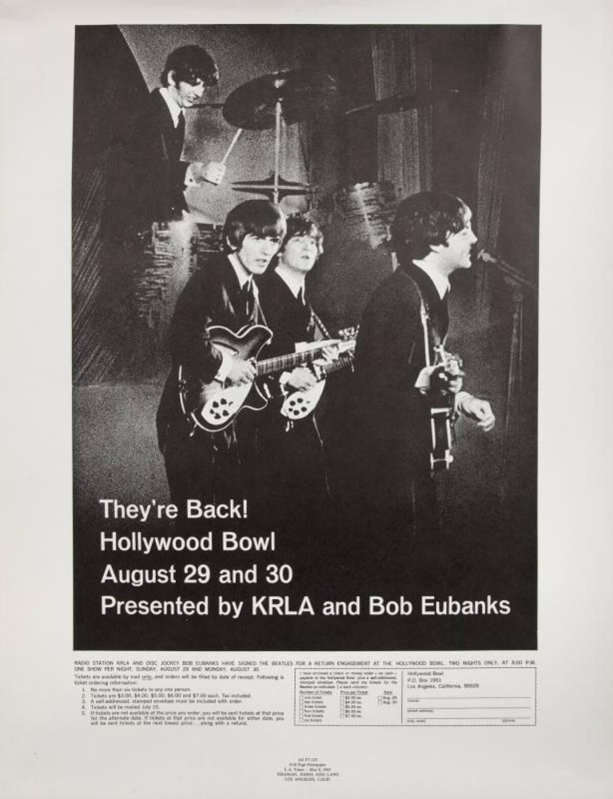 Original poster for the Beatles 1965 concerts at the Hollywood Bowl (Capitol Records Archives)