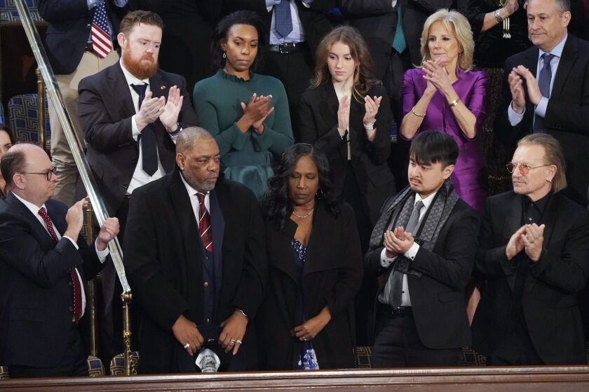 RowVaughn Wells, center, mother of Tyre Nichols, who died after being beaten by Memphis police officers, and her husband Rodney Wells, second left, are recognized by President Joe Biden as he delivers his State of the Union speech to a joint session of Congress, at the Capitol in Washington, Tuesday, Feb. 7, 2023. (AP Photo/J. Scott Applewhite)