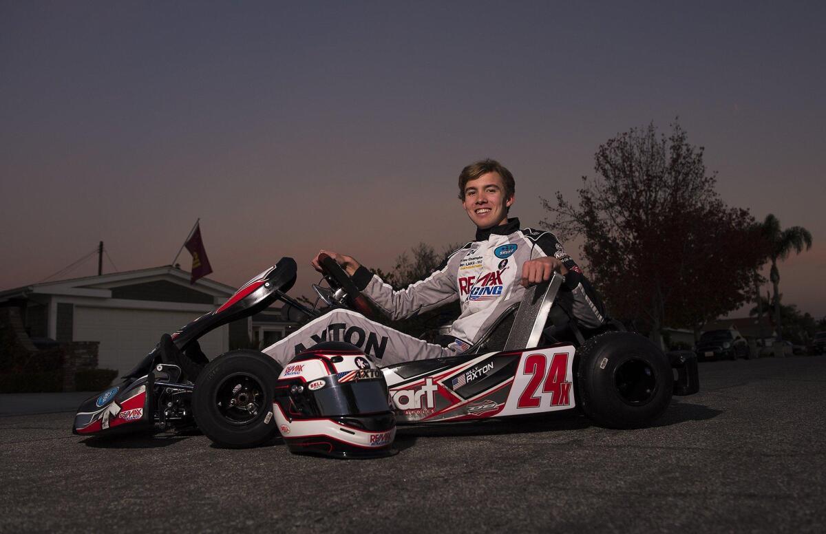 Will Axton, a Newport Harbor High student who also plays boys’ volleyball, competes in kart racing.