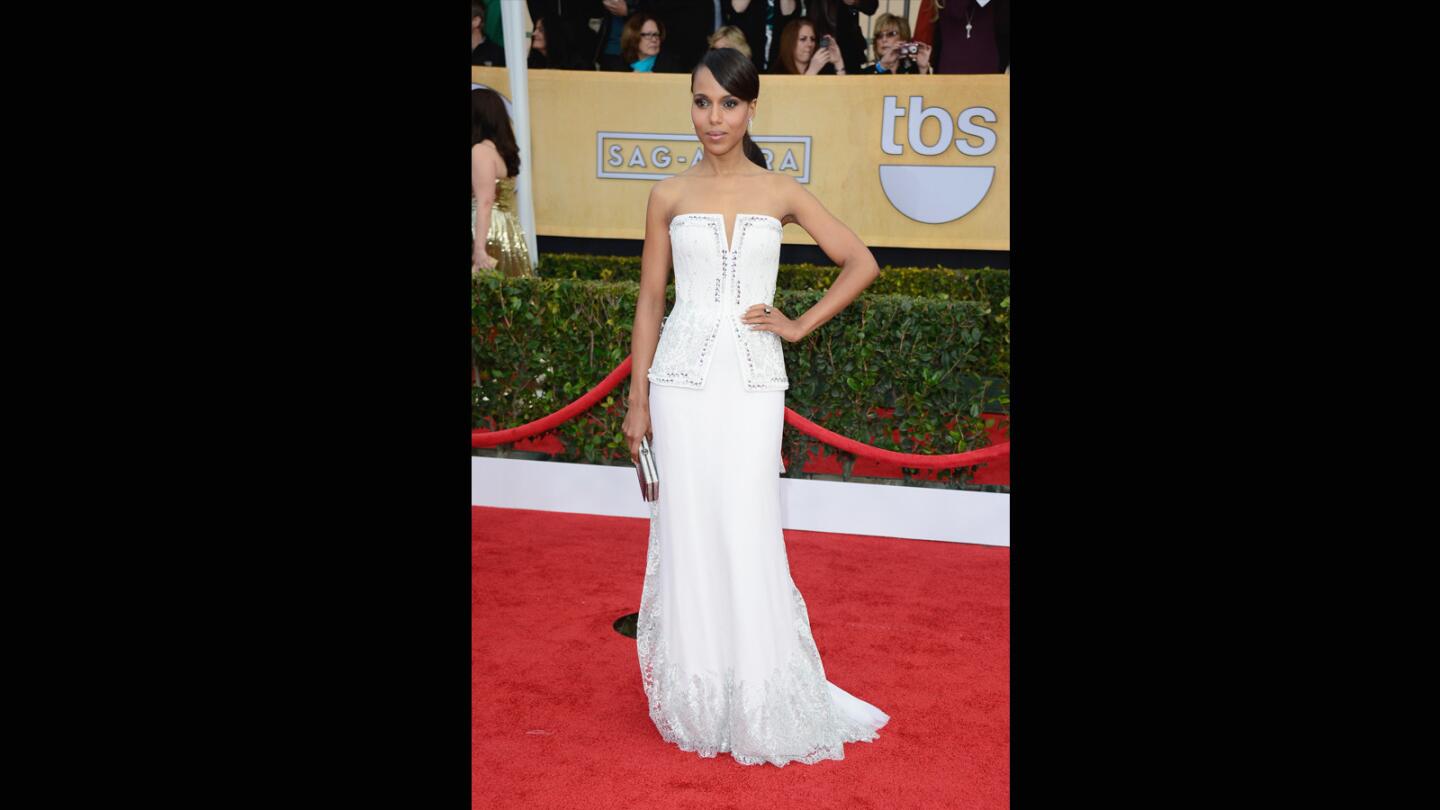 There have been a lot of white gowns on red carpets lately, but Kerry Washington's white silk tulle and silver lace creation with a corseted bodice by Rodarte's Kate and Laura Mulleavy is something special.