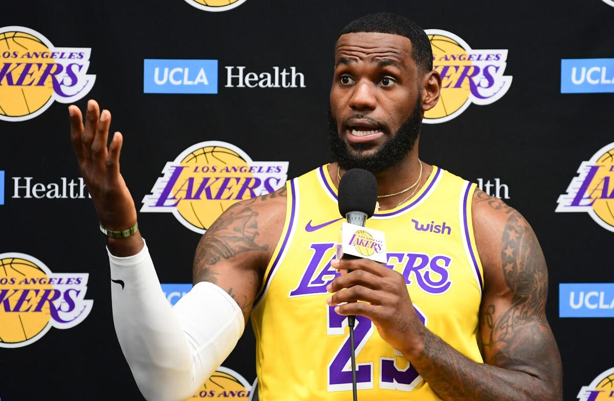 Lakers star LeBron James speaks during the team's media day on Sept. 27.