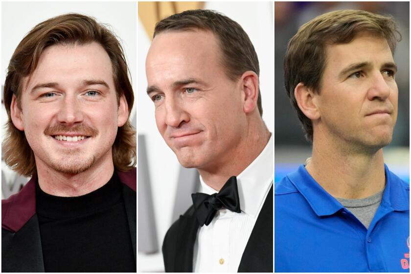 Split: left, Morgan Wallen wears black shirt; center, Peyton Manning wears black tux; right, Eli Manning wears blue polo