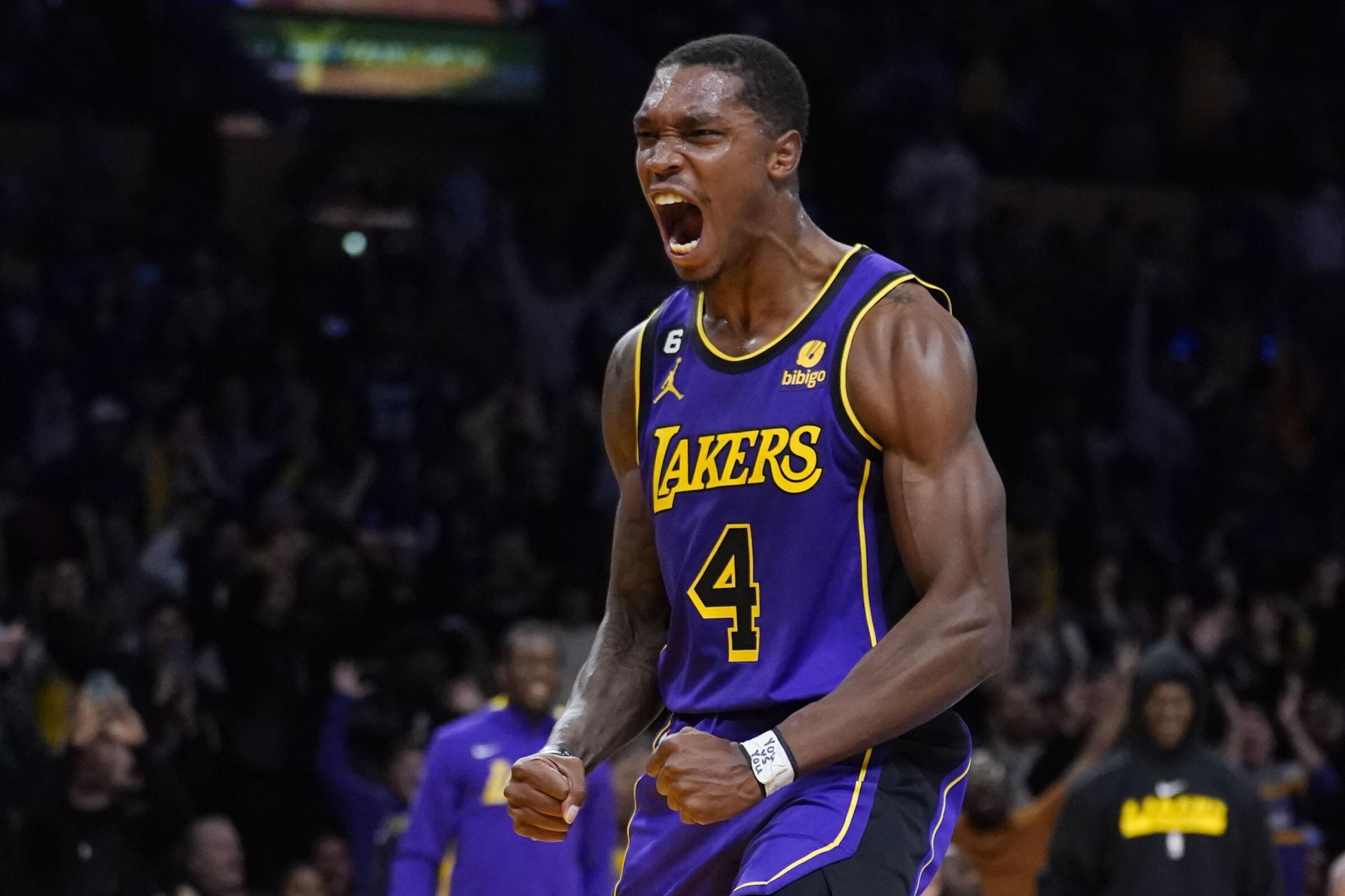 Lakers guard Lonnie Walker IV celebrates after scoring against the Utah Jazz on Nov. 4. 