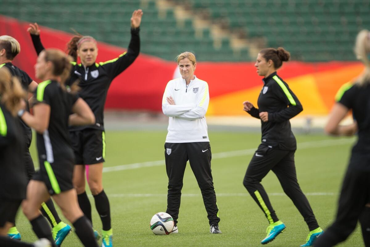 U.S. women's soccer Coach Jill Ellis looks on as her team warms up on June 21.