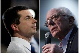 This combination of Jan. 26, 2020, photos shows at left, Democratic presidential candidate former South Bend, Ind., Mayor Pete Buttigieg on Jan. 26, 2020, in Des Moines, Iowa; and at right Democratic presidential candidate Sen. Bernie Sanders, I-Vt., in Sioux City, Iowa. After a daylong delay, partial results from Iowa's Democratic caucuses showed Buttigieg and Sanders ahead of the pack. (AP Photo)