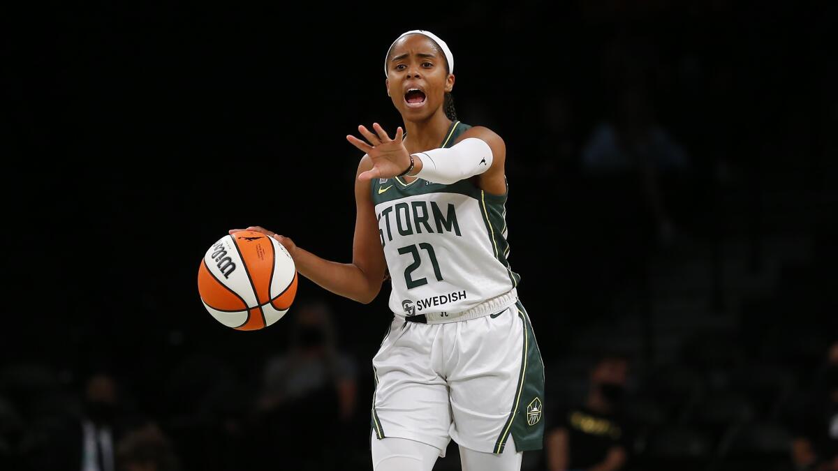 Storm guard Jordin Canada brings the ball up court.