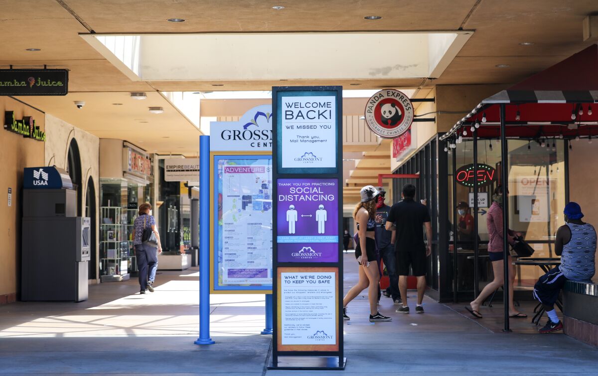 The Grossmont Center outdoor shopping mall in La Mesa, Calif., is shown after its May reopening.