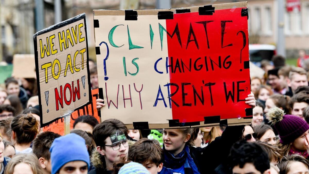 Students take part in a demonstration against climate change in Dresden, Germany, on March 15, 2019.