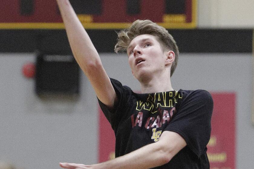 Chris Clark, of the La Canada High School boys' volleyball team, at practice on Thursday, February 20, 2020. The first game of the season is this Saturday at a tournament.