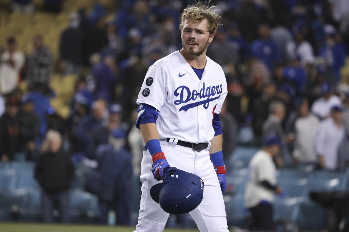 Dodger Gavin Lux stares in disbelief during a loss to the Giants at Dodger Stadium.