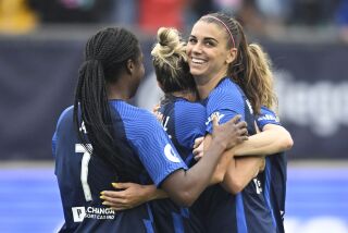 San Diego Wave Alex Morgan celebrates after scoring a second half goal during an NWSL game against Angel City April, 2, 2022 in San Diego, Calif. (Photo by Denis Poroy)