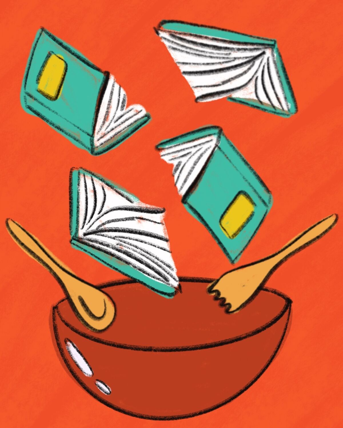 illustration of books being tossed in a salad bowl.