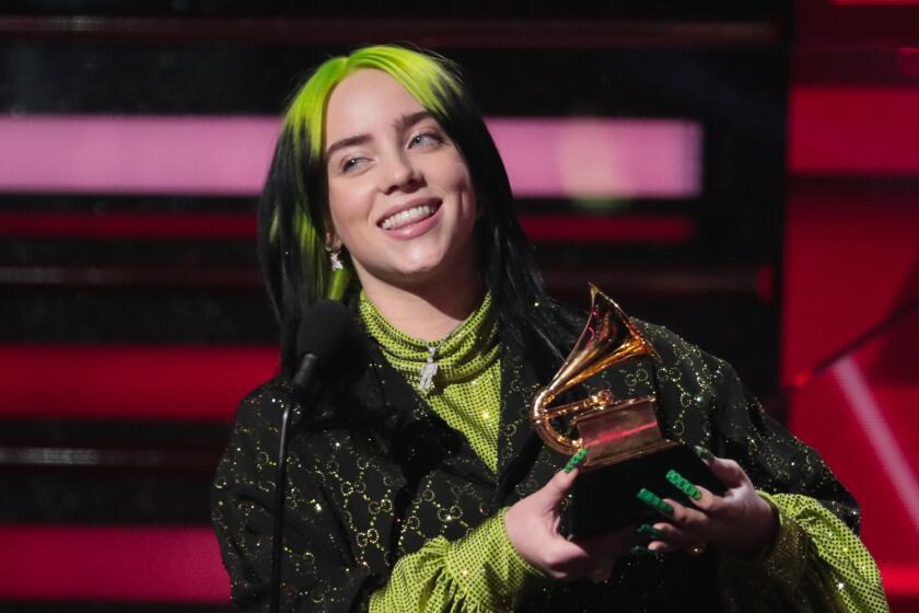 LOS ANGELES, CA - January 26, 2020: Billie Eilish at the 62nd GRAMMY Awards at STAPLES Center in Los Angeles, CA. (Robert Gauthier / Los Angeles Times)