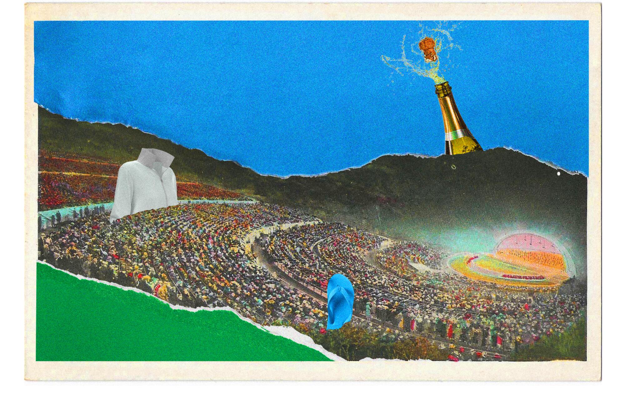 Image June 2024 Illo for Hollywood Bowl. Vintage Postcard from the 1930's w/Adobe stock and construction paper.