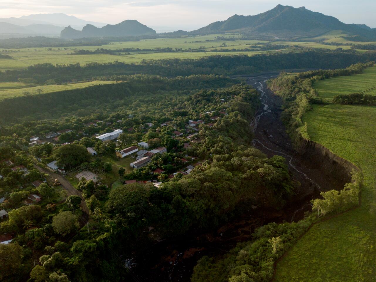 South-facing landscape of the community of La Trinidad and a volcanic debris causeway